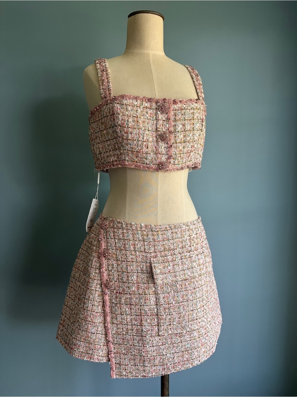 Self Portrait Jeweled Pink Tweed Boucle Crop Top Skort 2 piece Set US 8